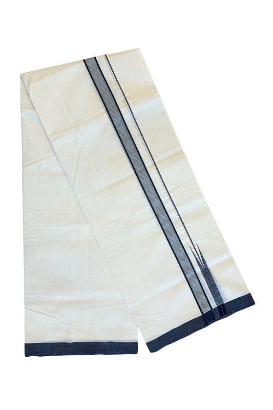 30% DISCOUNT!! KaithariKada HANDLOOM UNAKKUPAAV Balaramapuram - 100% PURE Cotton OFF White Double - (Unbleached) Mundu/Dothi - 1 inch Puliyilakkara Navy Blue Stripes chutty - 6KK5049REA