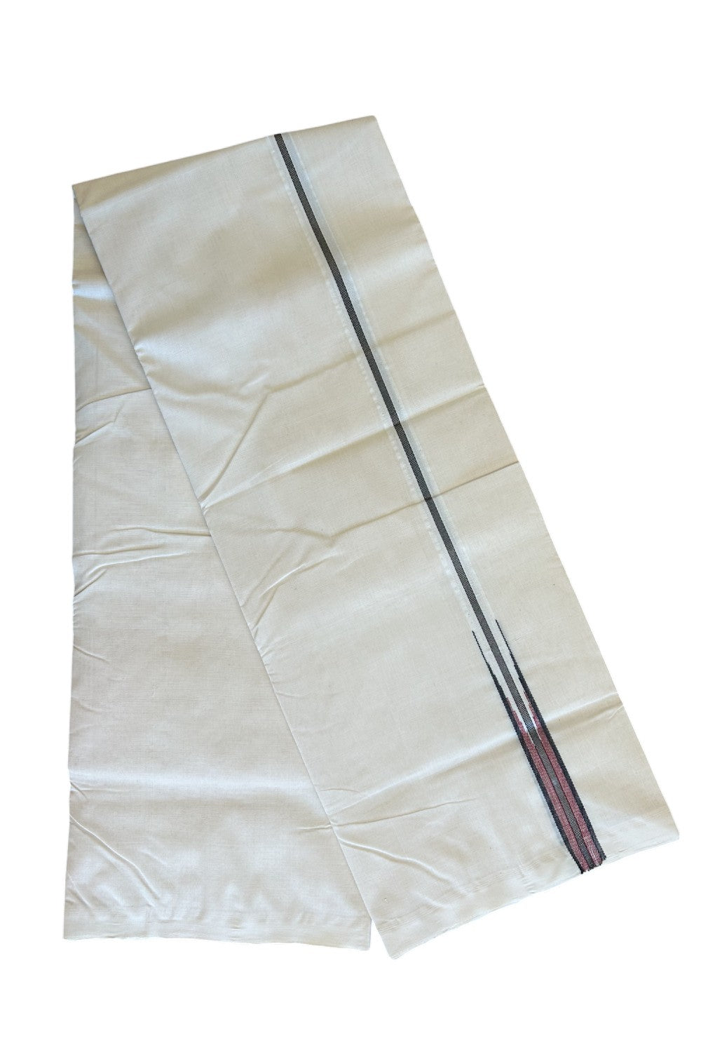 25% DISCOUNT! KaithariKada BALARAMAPURAM HANDLOOM Unakkupaav- 100% PURE Cotton 100x100 Double Mundu/Dhoti OFF WHITE -(Unbleached) - PULIYILAKKARA Silver Kasavu & Black+Brick Red 2.cm Chutty KARA- 6KK506RAM