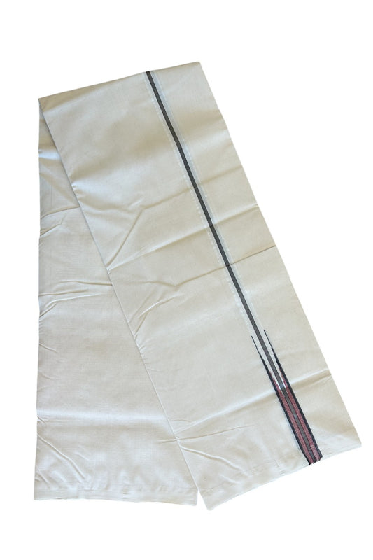 30% DISCOUNT! KaithariKada BALARAMAPURAM HANDLOOM Unakkupaav- 100% PURE Cotton 100x100 Double Mundu/Dhoti OFF WHITE -(Unbleached) - PULIYILAKKARA Silver Kasavu & Black+Brick Red 2.cm Chutty KARA- 6KK506RAM