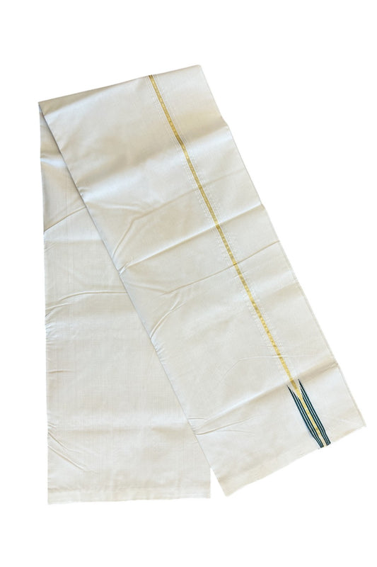 30% DISCOUNT!! KaithariKada HANDLOOM Unakkupaav Balaramapuram - 100% PURE Cotton OFF White (Unbleached) Double Mundu/Dothi - Kasavu gold striped dark green puliyilakkara Chutty - 6KK114ASH