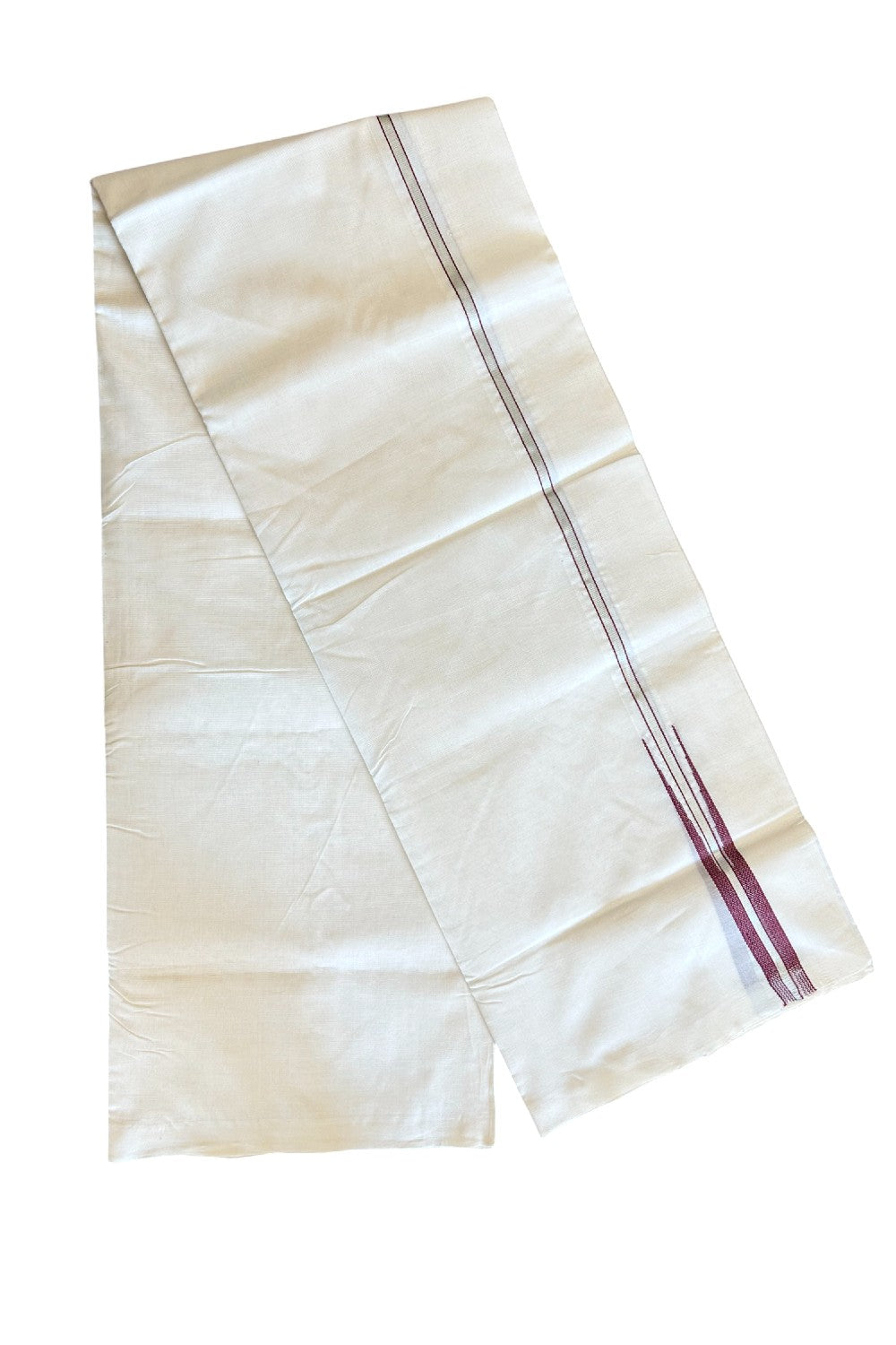 30% DISCOUNT!! KaithariKada HANDLOOM Unakkupaavu Balaramapuram - 100% PURE Cotton OFF White (Unbleached) Double Mundu/Dothi - Silver Kasavu & Maroon puliyilakkara chutty-10KK403RAM
