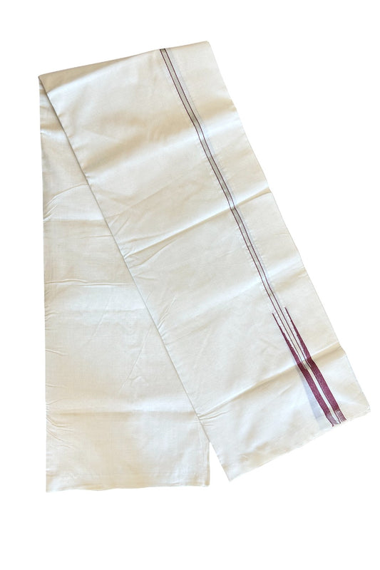 30% DISCOUNT!! KaithariKada HANDLOOM Unakkupaavu Balaramapuram - 100% PURE Cotton OFF White (Unbleached) Double Mundu/Dothi - Silver Kasavu & Maroon puliyilakkara chutty-10KK403RAM