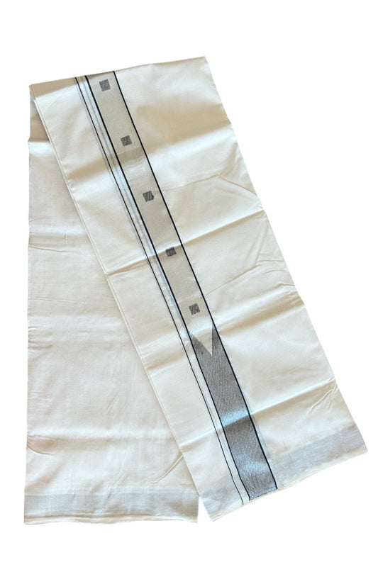 30% DISCOUNT!! KaithariKada HANDLOOM Unakkupaav Balaramapuram - 100% PURE Cotton Off White - (Unbleached) Double Mundu/Dhoti - 1.75 inch Silver Kasavu & Black heavy Chutty Design Kara- 7KK5089YAR
