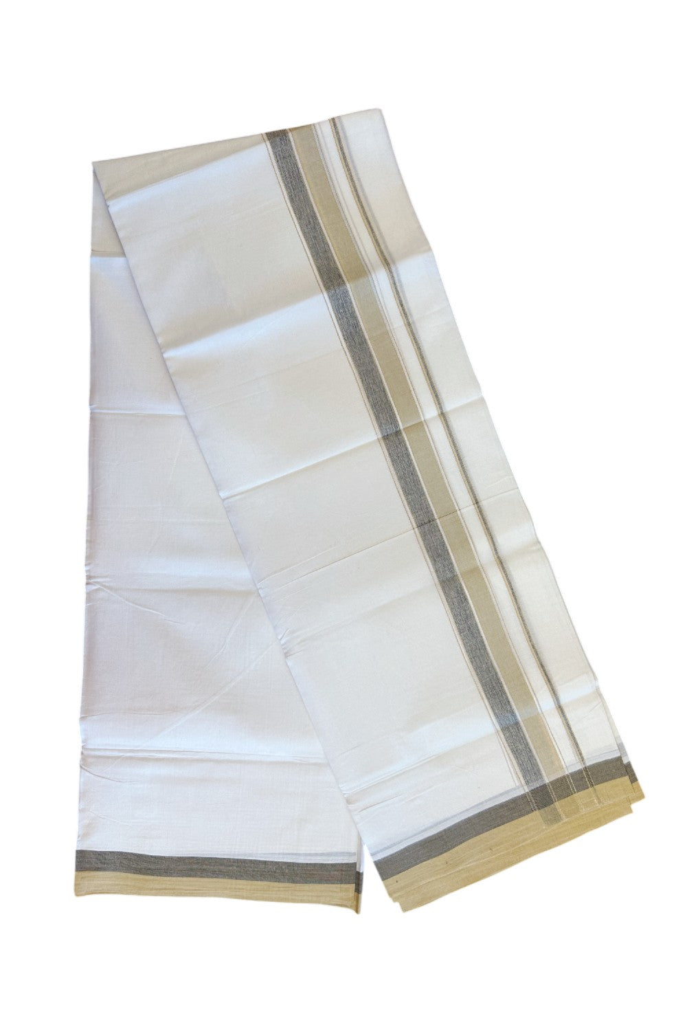 28% DISCOUNT! KaithariKada Balaramapuram 100% Cotton PURE WHITE Double Mundu/Dhoti-100x80- 1.75 inch Sand Brown & Black shaded designer kara - 6KK5134THI