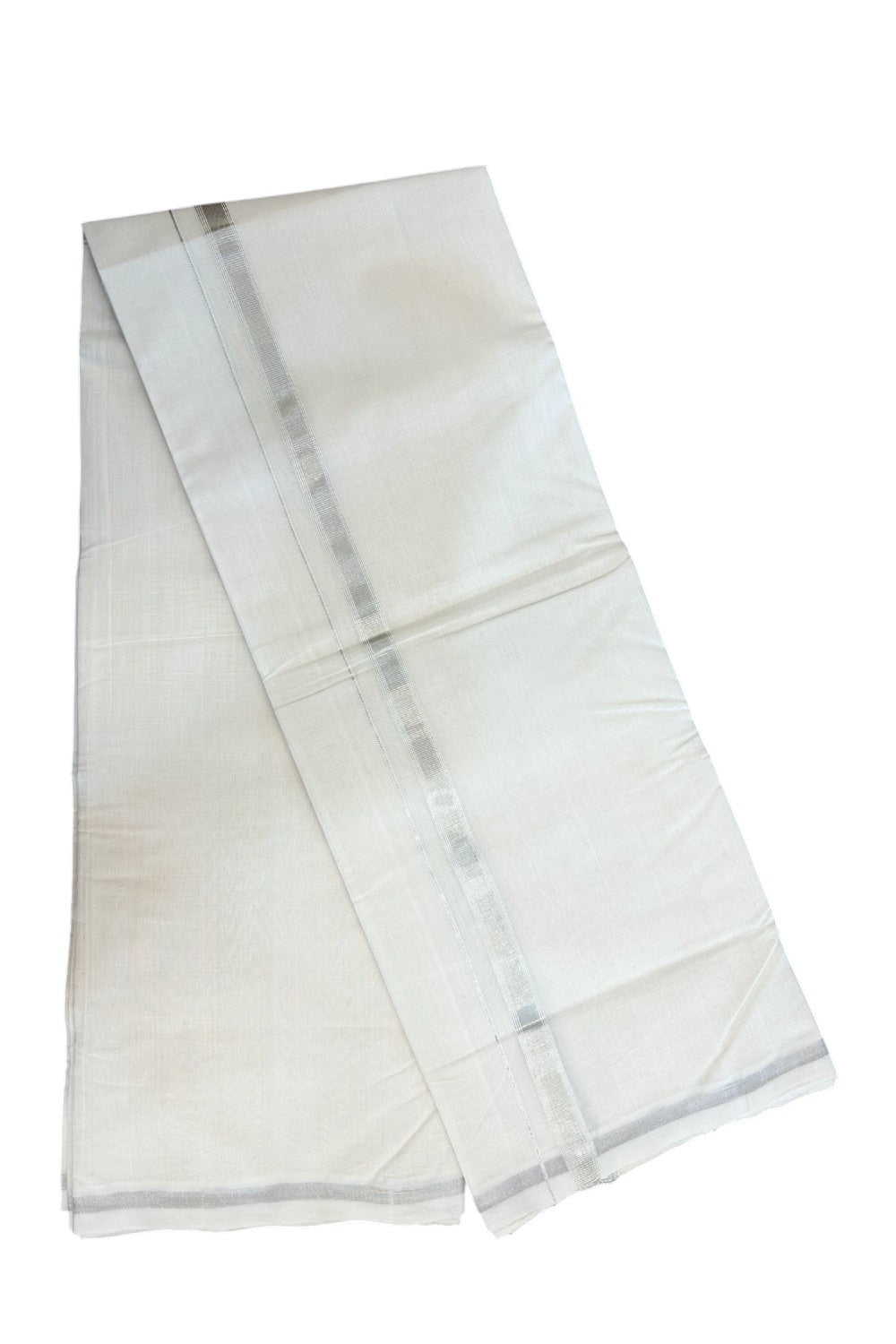 25% DISCOUNT! KaithariKada HANDLOOM Millpaav Balaramapuram - 100% PURE Cotton Off White - (Unbleached) Double Mundu/Dhoti - 2 cm Silver Kasavu Striped kara - 6KK5136RAM