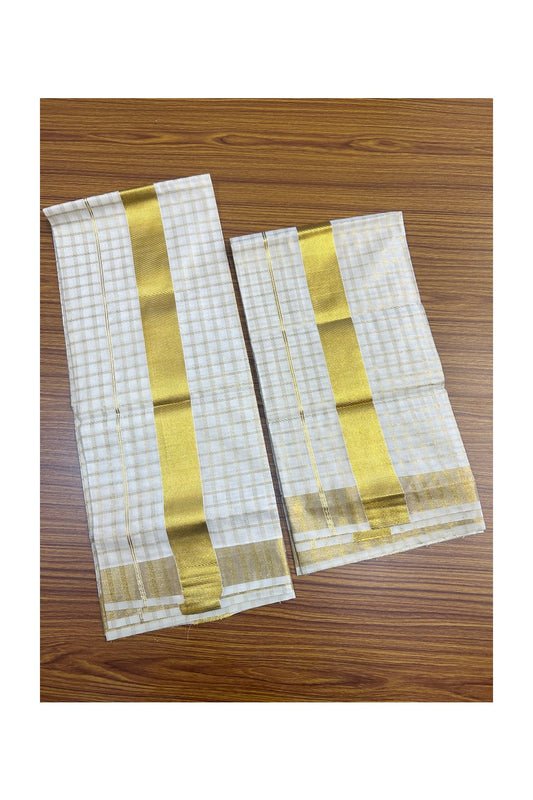 25% Discount!! KaithariKada - Kerala Pure Cotton OFF WHITE Single Set Mundu - EXTRA LENGTH - Check Gold Kasavu Big Kara - 6KK5152PMC