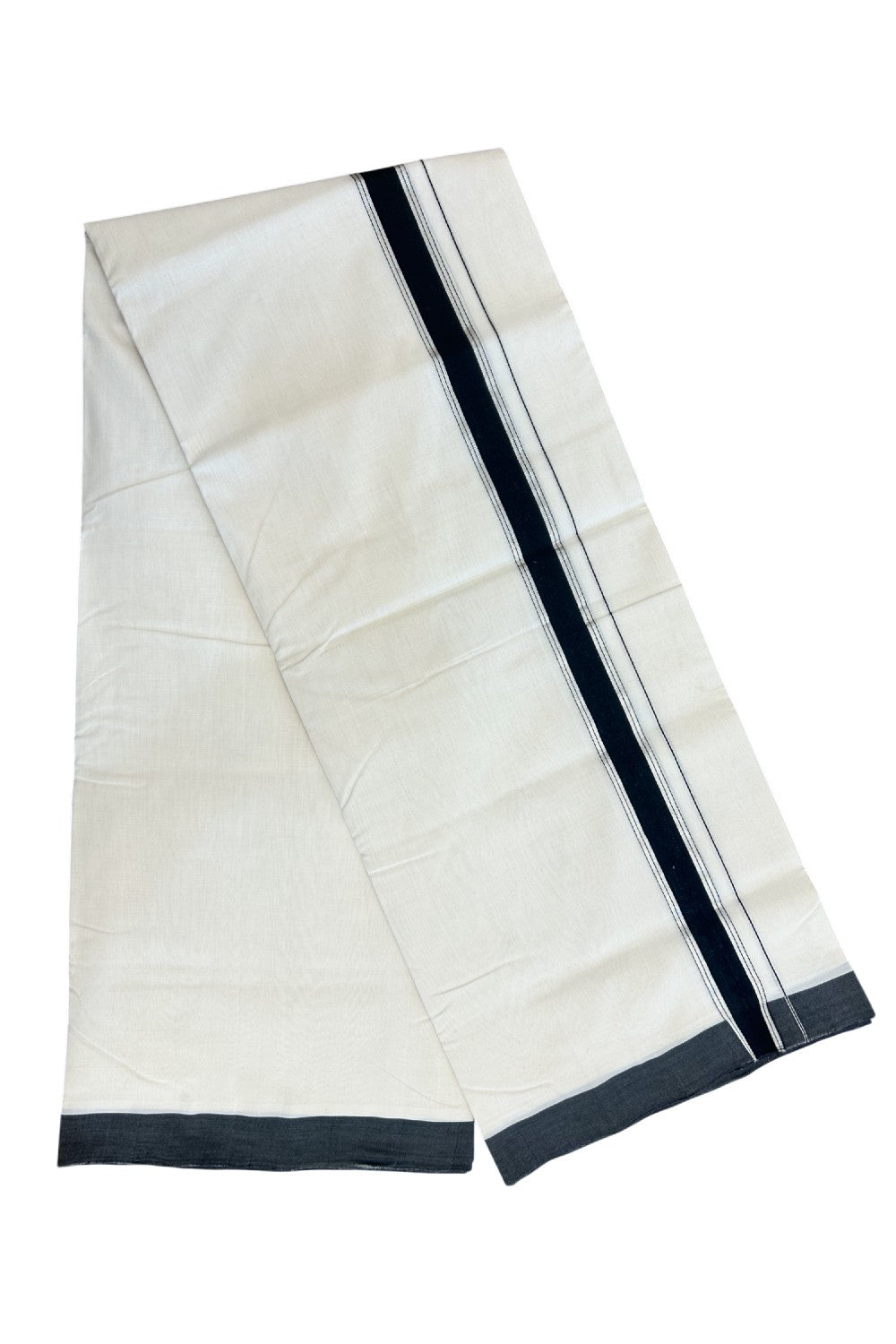 30% DISCOUNT!! KaithariKada HANDLOOM UNAKKUPAAV Balaramapuram - 100% PURE Cotton OFF White Double - (Unbleached)- Mundu/Dothi - 1.5 inch Silver Kasavu & Black Kara 4.5 Meters (10 Muzham) - 6KK5160REA