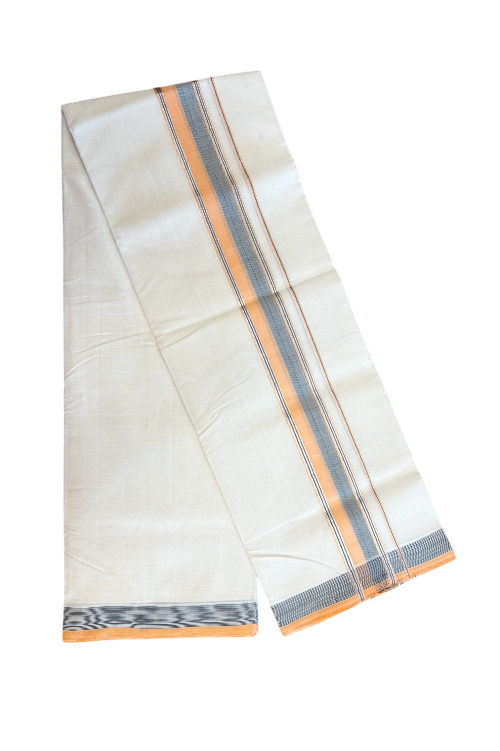 27% DISCOUNT! KaithariKada BALARAMAPURAM HANDLOOM UNAKKUPAAV - 100% PURE Cotton Off white (Unbleached) Double Mundu/Dhoti - 2 inch Silver Kasavu & Orange Black Striped Kara (8 Muzham) - 23KK5161SOM