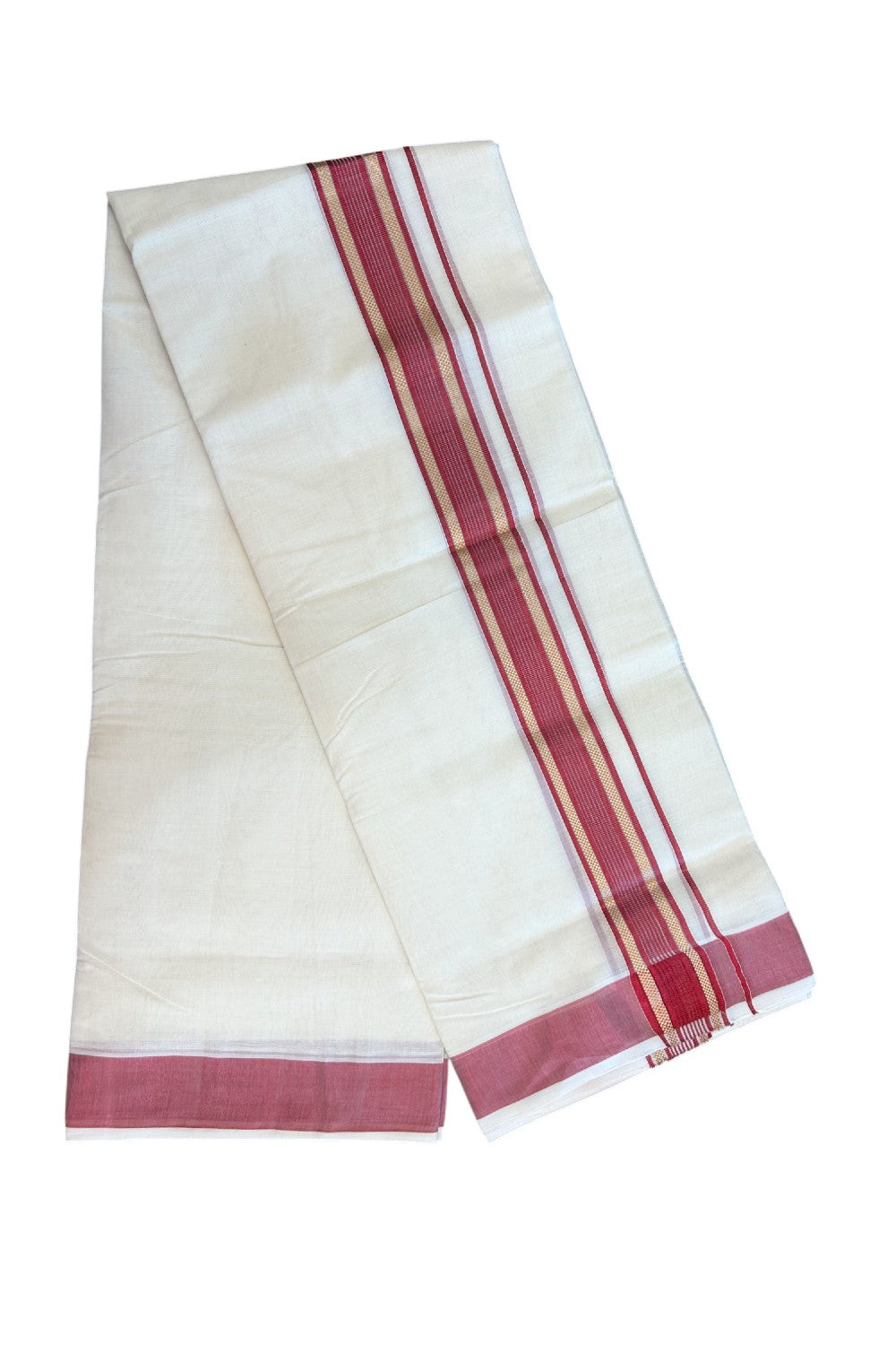 27% DISCOUNT!! KaithariKada HANDLOOM millpaav Balaramapuram - 100% PURE Cotton OFF White - (Unbleached) Double Mundu/Dothi - 2 inch Red colour kasavu  & Gold Kasavu Striped kara - 8KK5162RAM