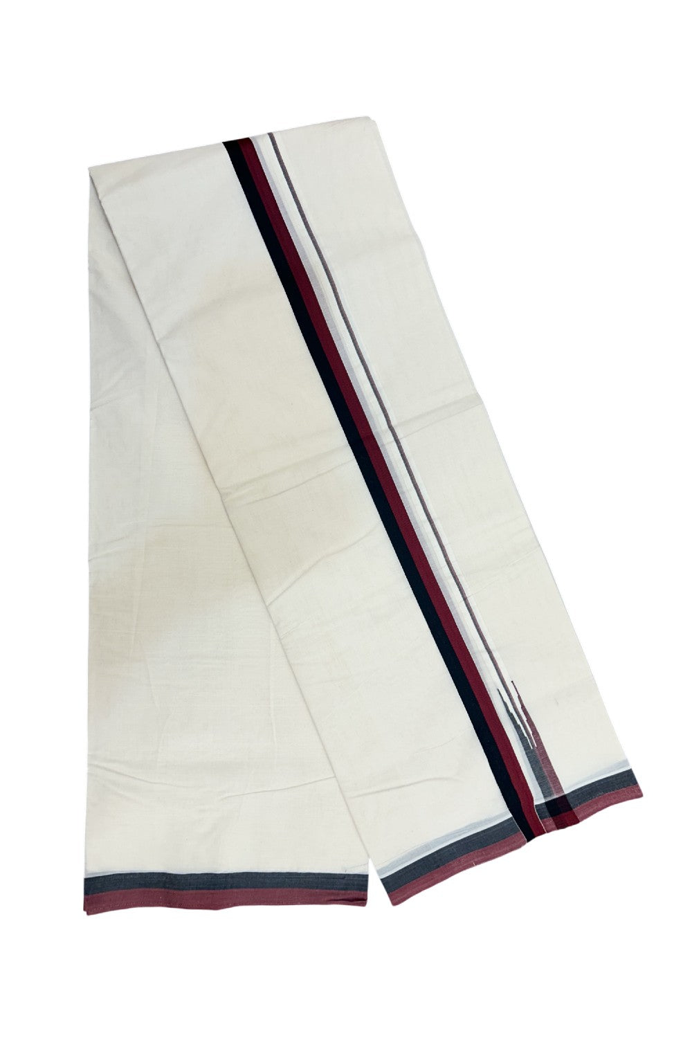 DMK Veshti - 23% DISCOUNT! KaithariKada 100% Cotton off white Double - (Unbleached) Mundu/Dhoti - 100X100 - 1 inch Puliyilakkara Black & Maroon Chutty kara - 6KK5165ASH