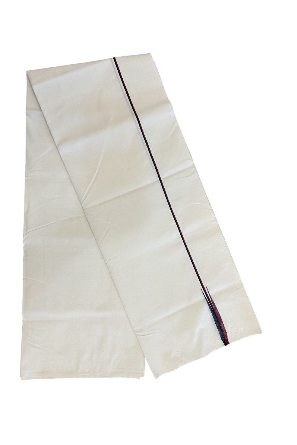 DMK Veshti - 29% Discount!! KaithariKada Balaramapuram 100% COTTON SINGLE OFF WHITE- (Unbleached) Mundu/Dhoti-100X100 - 1 cm Puliyilakkara Maroon & Black Chutty (2 meter / 4 muzham) - 6KK5166ASH