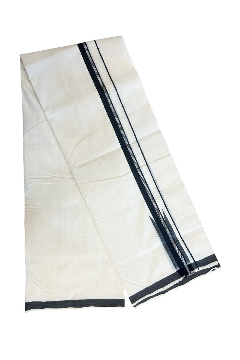 25% DISCOUNT!! KaithariKada HANDLOOM  UNAKKUPAAV Balaramapuram - 100% PURE Cotton OFF White - (Unbleached) Double Mundu/Dothi - 120(Twisted) x 100 - 1.5 inch Silver kasavu stripes Black Puliyilakkara chutty 3.80 meter (8.5 Muzham) - 23KK5167REA