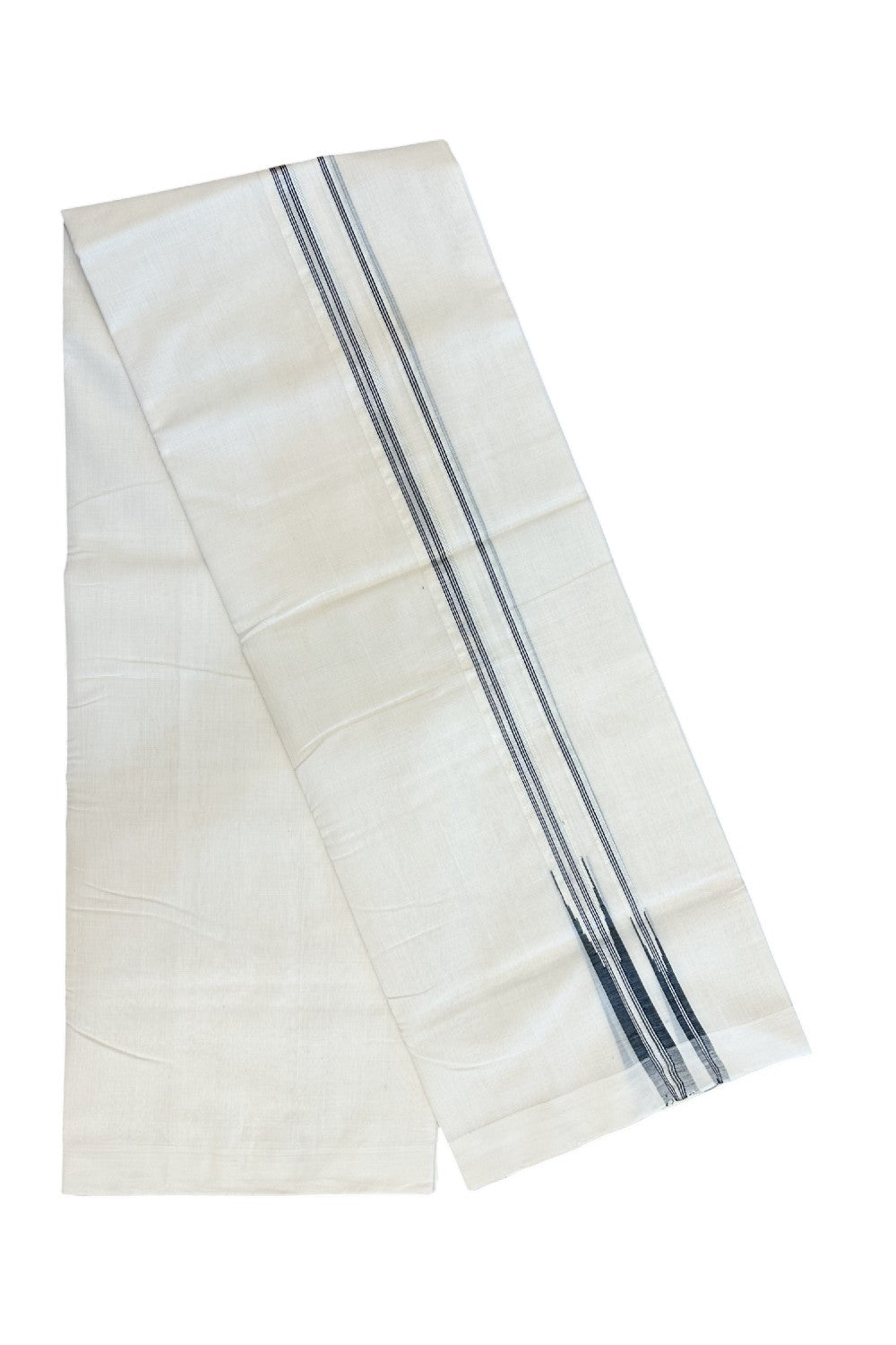 25% DISCOUNT!! KaithariKada HANDLOOM MILLPAAV Balaramapuram - 100% PURE Cotton OFF White Double - (Unbleached) Mundu/Dothi - 1 inch Puliyilakkara Black & Silver kasavu Stripes Double chutty Kara - 12KK5170RAM