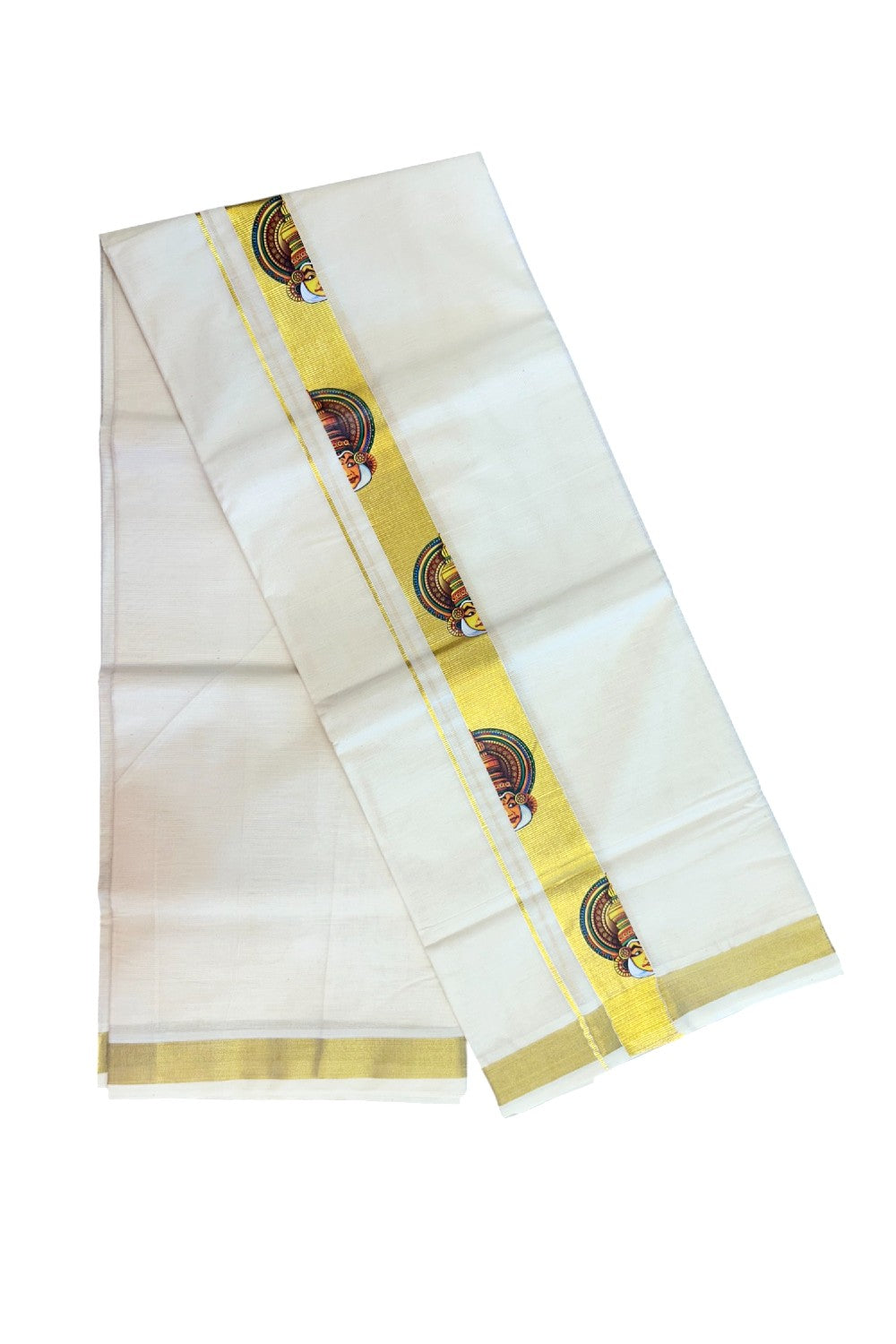 23% Discount!! KaithariKada Balaramapuram Mixed Cotton DOUBLE OFF WHITE - (Ubleached) Mundu/Dhoti - 80x72 - 1.25 inch Kasavu & Kathakali Printed Design Kara - 6KK5171GAN