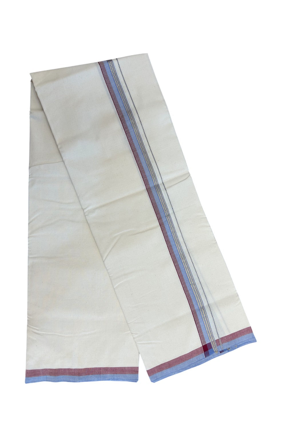 30%DISCOUNT!! SIGNATURE KAITHARIKADA EXCLUSIVE SINGLE DHOTI - 100% Cotton Balaramapuram HANDLOOM Single Mundu/Dhoti - Off White - (Unbleached) 1 inch Maroon Lavender & Gold Kasavu Kara (2 meter / 4 muzham)- 6KK5173KAI
