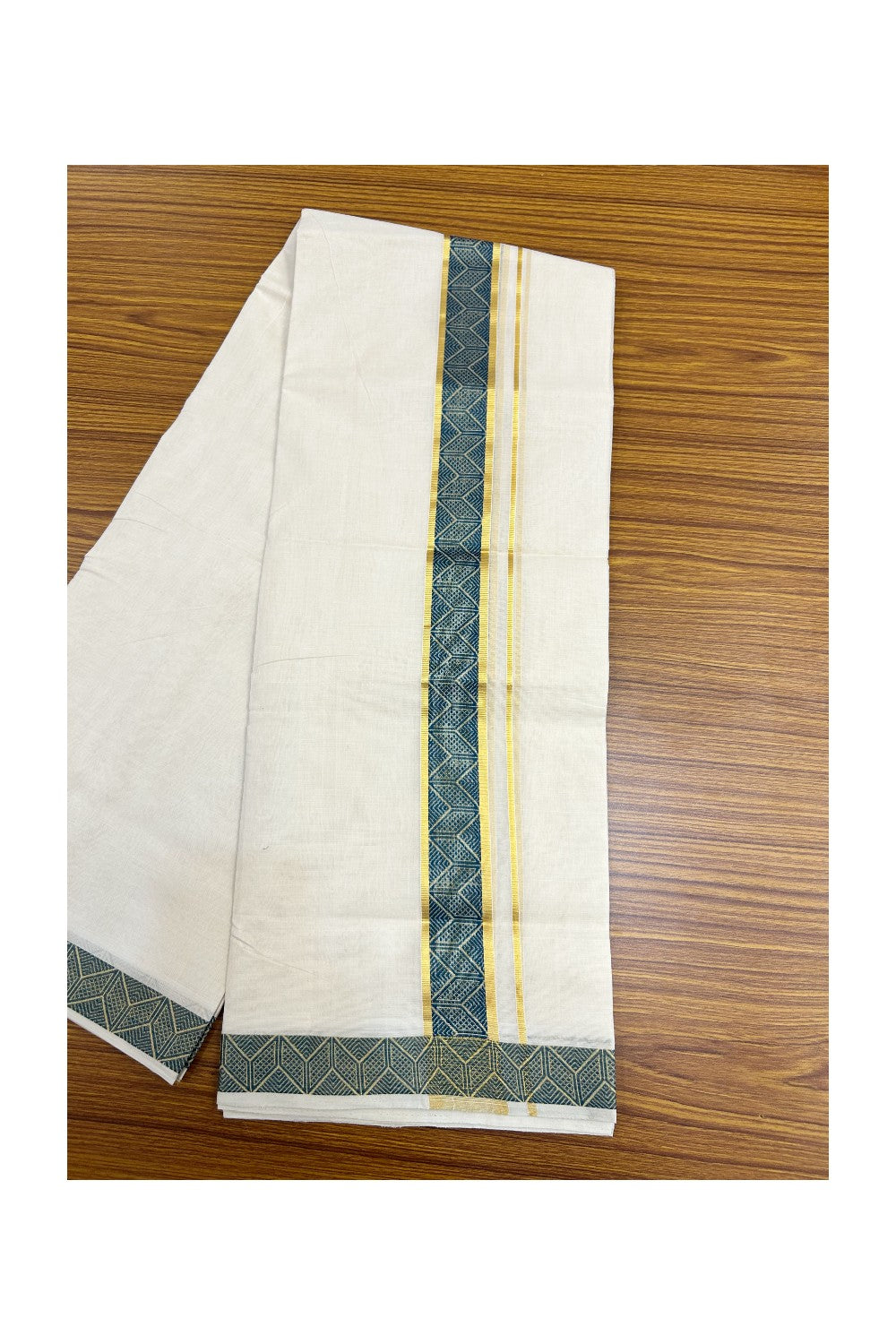 25% DISCOUNT ! KaithariKada HANDLOOM Unakkupaav Balaramapuram - 100% PURE Cotton Off White - (Unbleached) Double Mundu/Dhoti - 1.75 inch Gold Kasavu & Peacock Green Jacquard Design Kara - 6KK5190ABH