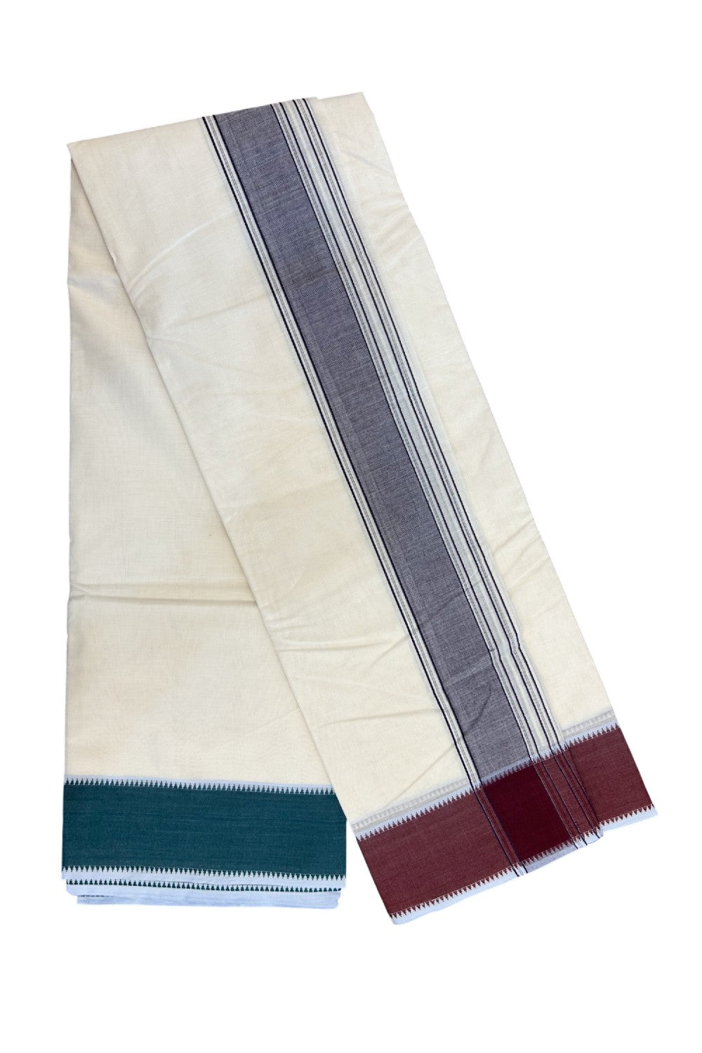 20% DISCOUNT! KaithariKada 100% Cotton Off White - (Unbleached) - Pure Cotton - 100x100 thread - NORTH INDIAN - ATTACHED GAMCHA 9X5 Dhoti Maroon & Green Border - 6KK5196PMC