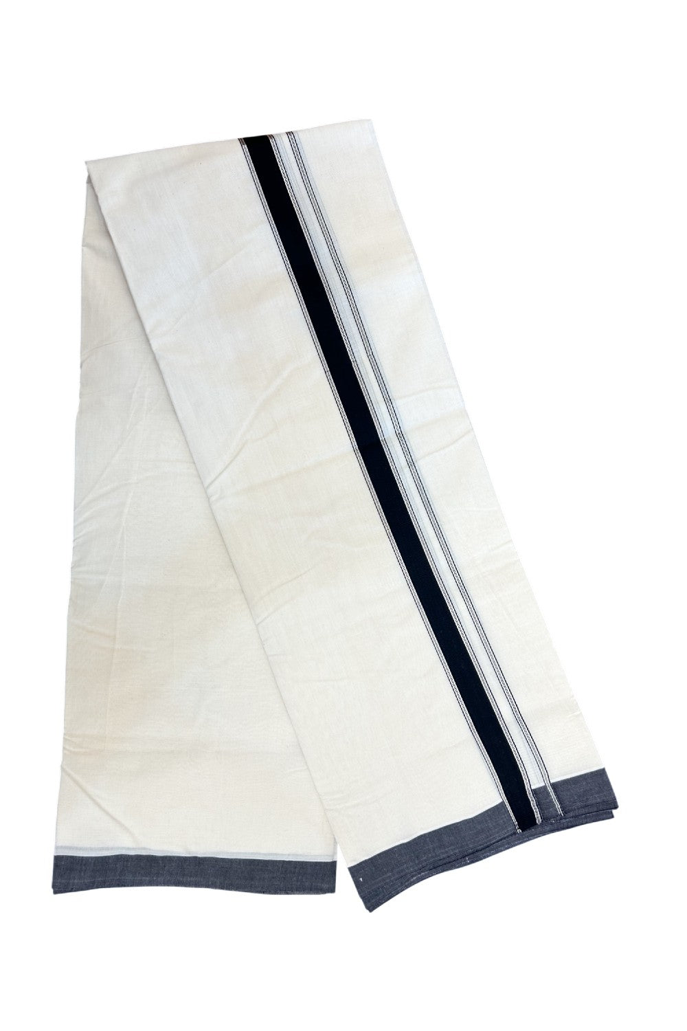 20%Discount KaithariKada Balaramapuram 100% Cotton Double Off white - (Unbleached) - Mundu/Dhoti-100x80 - 1 inch Black & Silver Kasavu Striped Kara 3.75 mtr (8 Muzham)- 6KK5198ASH