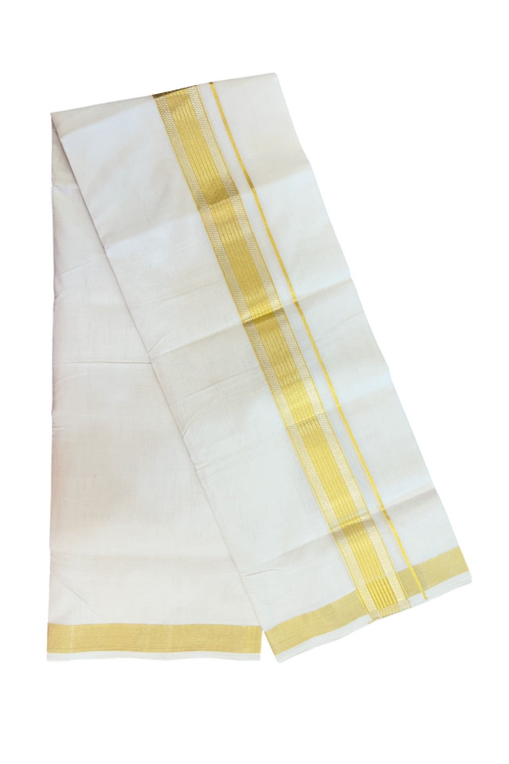 25% DISCOUNT ! KaithariKada HANDLOOM UNAKKUPAAV Balaramapuram - 100% PURE Cotton Off White - (Unbleached) Double Mundu/Dhoti - 2 inch Gold Kasavu & Silver Kasavu Striped Design Kara - 6KK5208ABH