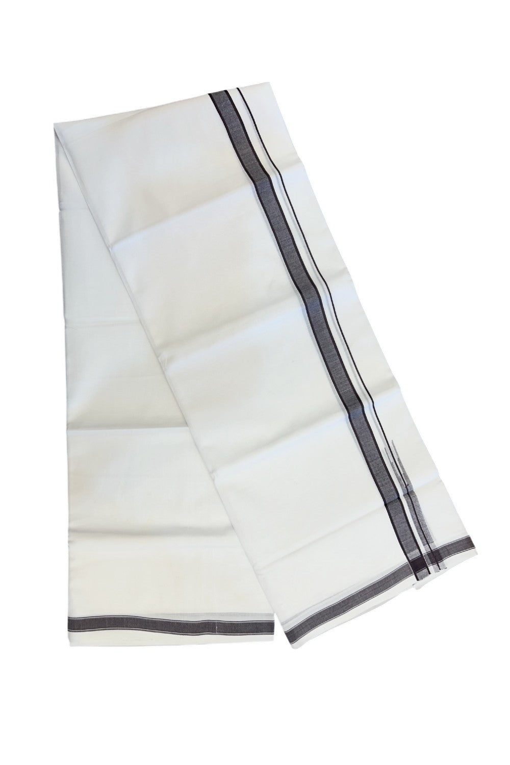 20% Discount!!! KaithariKada Balaramapuram  Double PURE WHITE Mundu/Dhoti - 100x80 - 0.75 inch Dark Brown shaded puliyilakkara striped chutty - 6KK5217 CKS