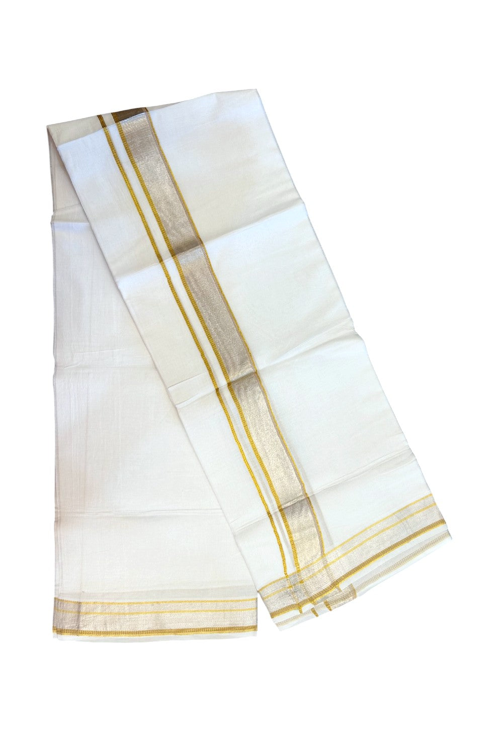 17% DISCOUNT! KaithariKada Balaramapuram 100% Cotton Double PURE WHITE Mundu/Dhoti - 100x100 - 1.5 inch Brown Silver Kasav & Gold Kasavu Stripes Kara - 6KK5221 GAN