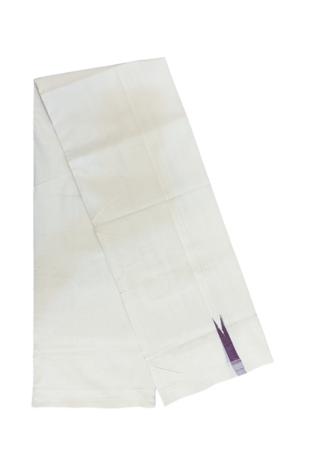 25% Discount!!! KaithariKada HANDLOOM UNAKKUPAAV Balaramapuram - 100% PURE Cotton OFF WHITE (Unbleached) Double Mundu/Dhoti - 80x90 - 1.5 cm Wine Purple chutty kara  4 Mtr (8.5 Muzham) - 6KK5235 YAR