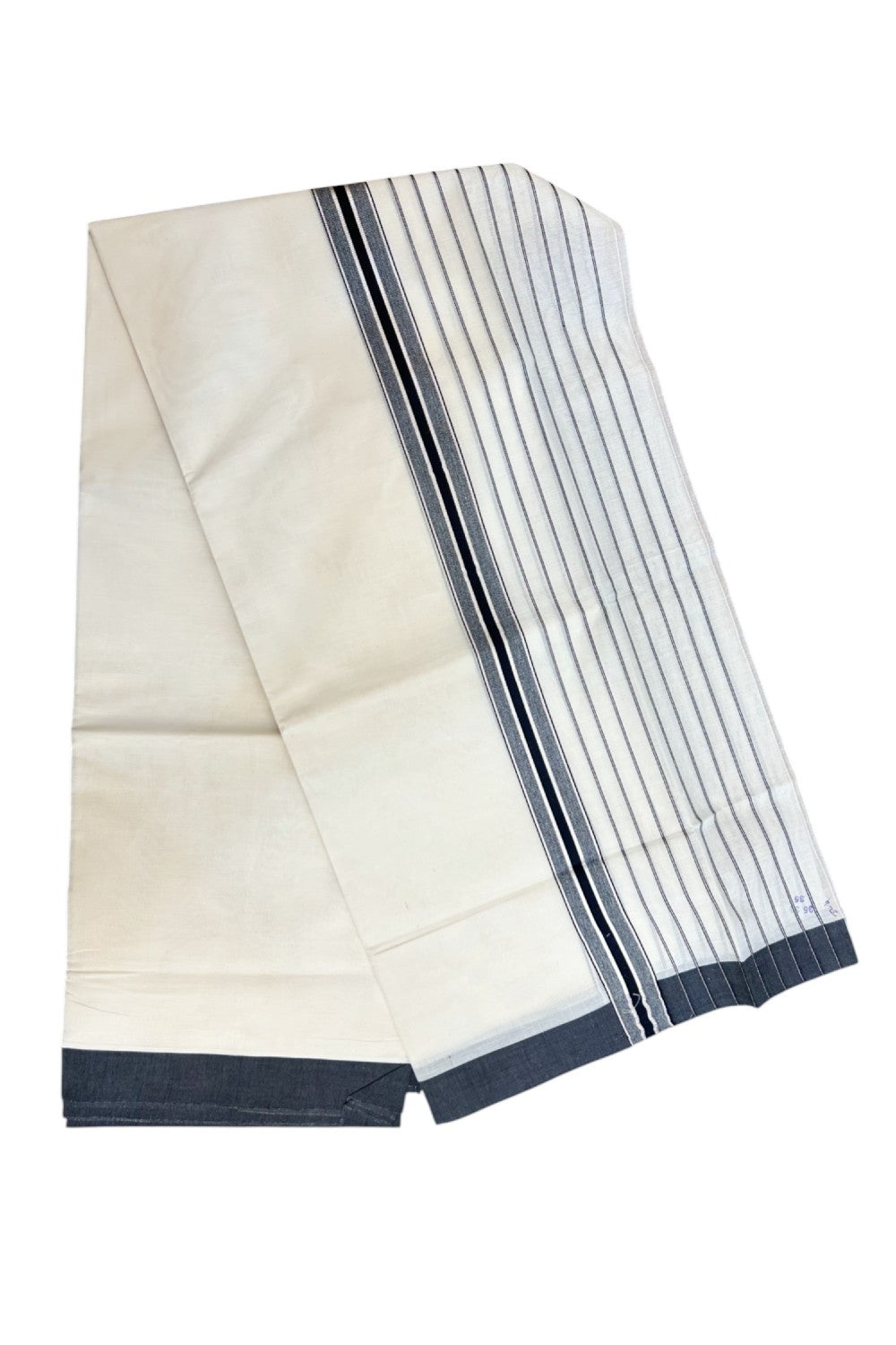 20% Discount !! KaithariKada Balaramapuram Double OFF WHITE (Unbleached) Mundu/Dhoti - 100x80 - 8 inch Black & Silver Striped kara 4 mtr (8.5 muzham) - 6KK5243 PMC
