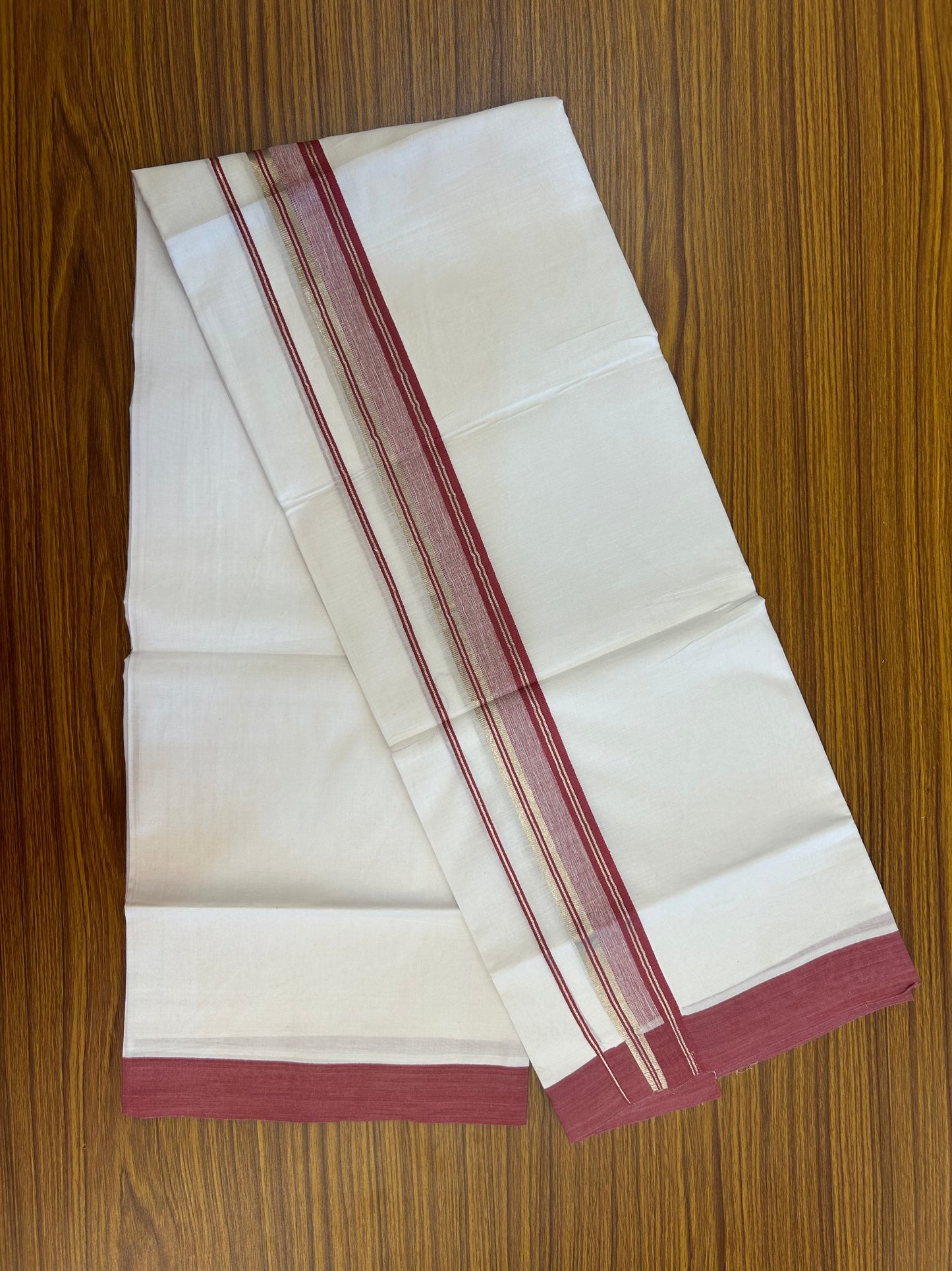 Short Dhoti Special - 28% Discount ! KaithariKada 100% Cotton Pure White Double Mundu / Dhoti - 100x80 - 45 inch Height 3.80 m Length  1.5 inch Maroon Magenta Mix Silver Kasav kara - 6 KK5258 THI