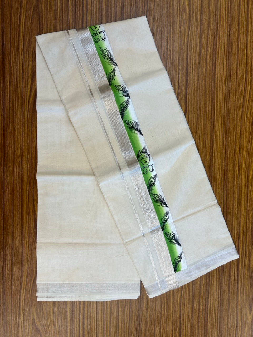 24% Discount! Hand Painted - KaithariKada 100% Cotton Double Off white - (Ubleached) Mundu / Dhoti - 100x80 1 inch Silver Kasavu & Hand Painted Krishna Peacock - 6 KK5259 CKS