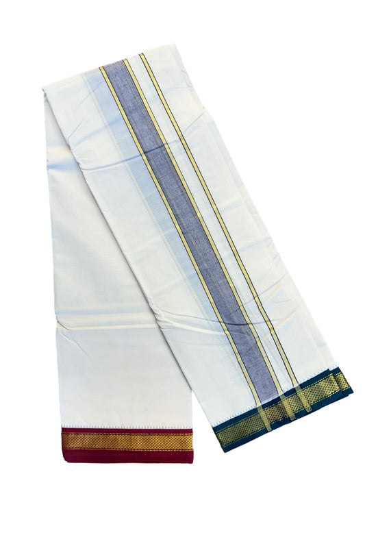 21% DISCOUNT! KaithariKada 100% Cotton Off White - Pure Cotton - 100x100 NORTH INDIAN ATTACHED GAMCHA - 9X5 Dhoti - 1.5 inch Light purple kara with RED & MAROON border - 6KK77PMC