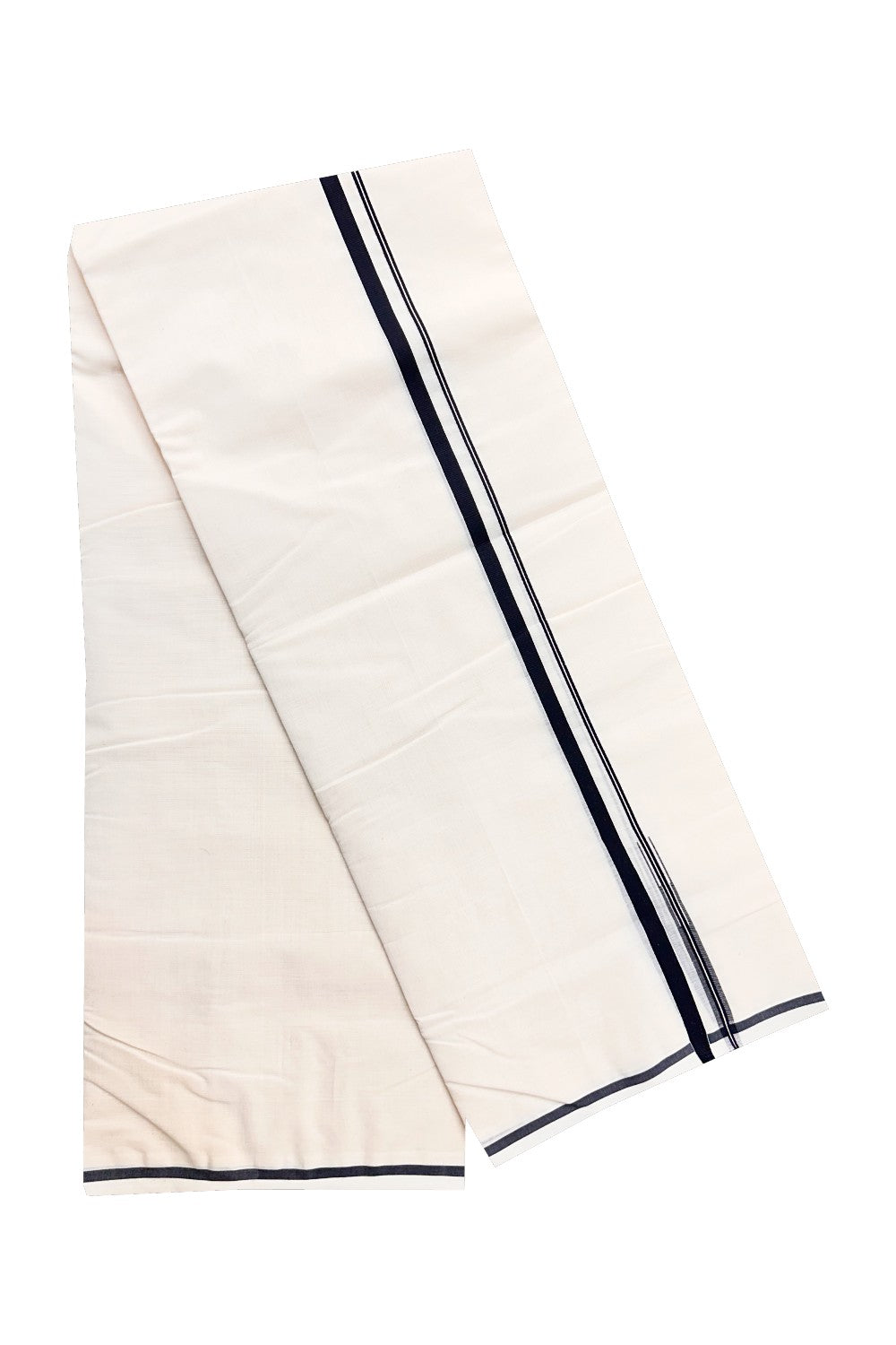14% Discount! KaithariKada  Kerala Handloom Millpaav- 100% Pure Cotton 100x100 Double Mundu/Dhoti Off White (Unbleached) - Puliyilakkara  Black 1.cm  KARA-6RAM