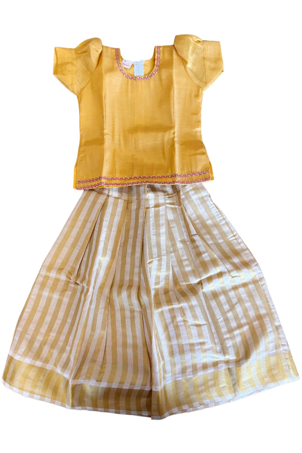 Midukki-Traditional South Indian Kids Pattu Pavada- Yellow tissue top stripped tissue skirt - Age 6 - KK6MID006