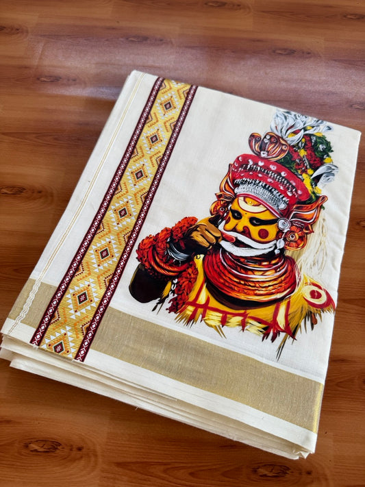Double Off White - Theyyam Print - (Unbleached) Mundu/Dhoti- 20% Discount!! KaithariKada Mixed Cotton 60s - 1.5 inch Gold Kasav with Printed Design Kara - 8 KK5474 GAN