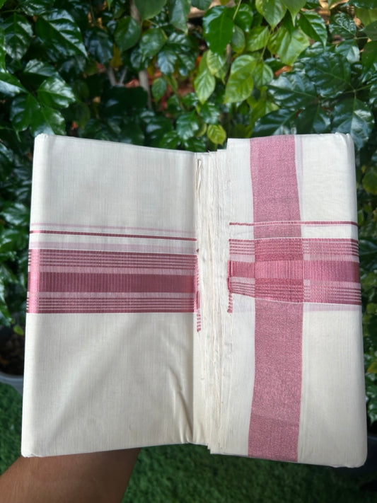 25% Discount ! KaithariKada Handloom Millpaav Balaramapuram -  Pure Cotton Off White (Unbleached) Double Mundu/Dothi -80x90 - 2 inch Rose Pink Kasav Striped kara 4 mtr (8.5 muzham) - 95 KK5256 RAM
