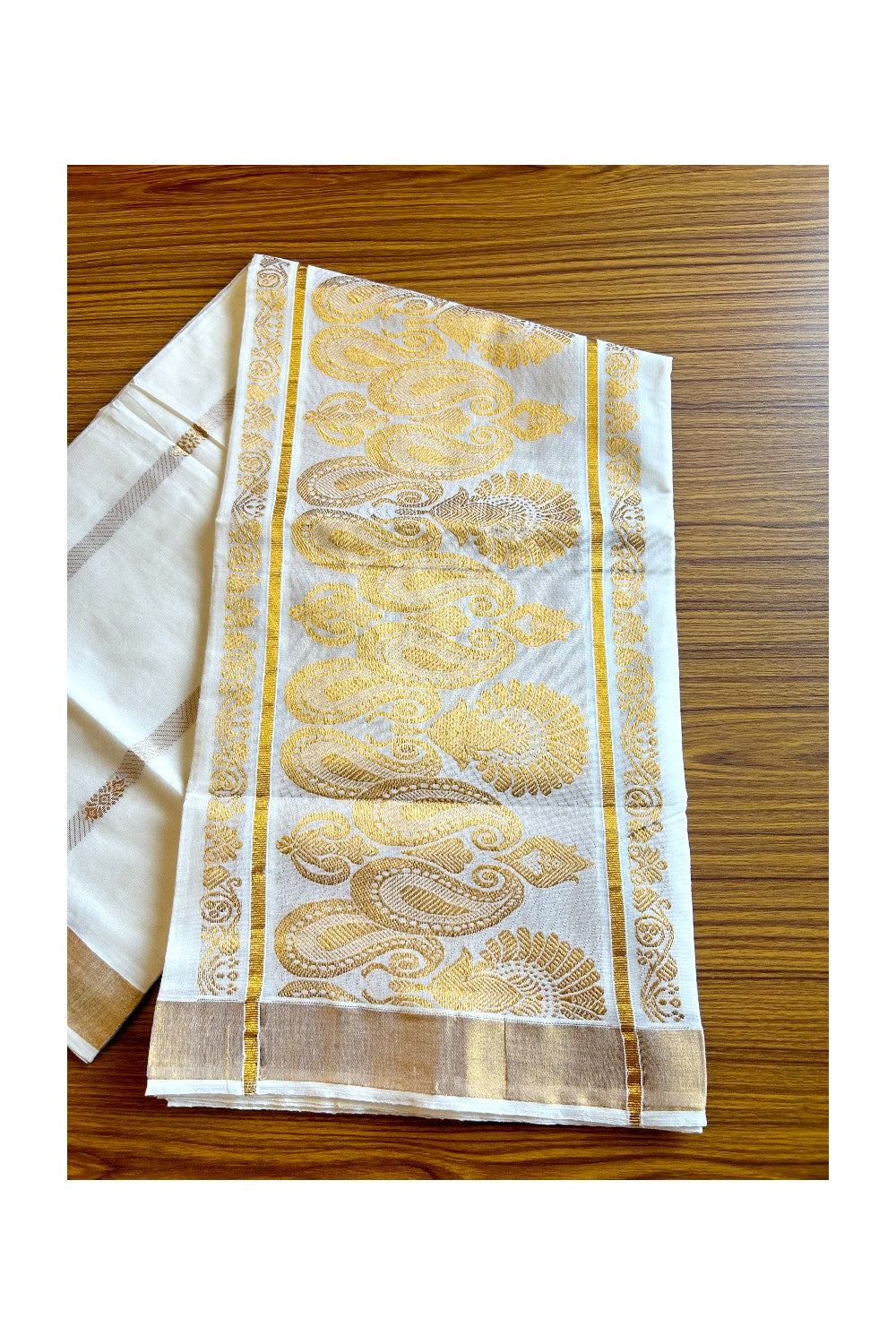 23% Discount!!! Kaitharikada Kerala Cotton Saree Off white - 29.25 inch Kasav Zari with Peacock Pattern Putta Design- 6KK1002JEE