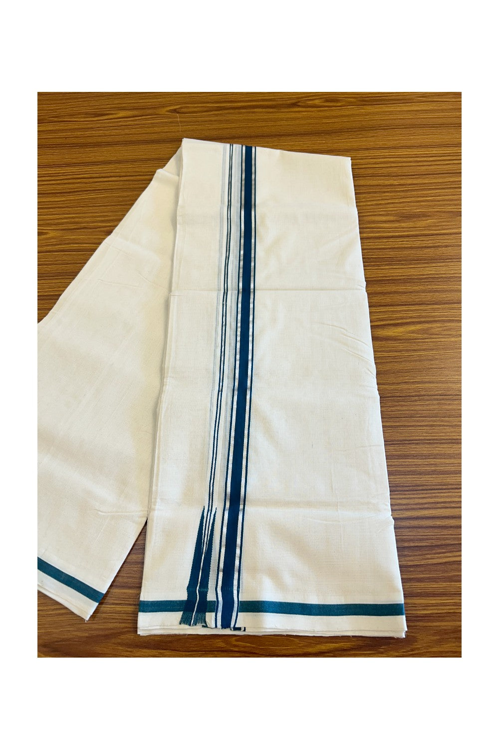 20% Discount!!! KaithariKada HANDLOOM UNAKKUPAAV Balaramapuram - 100% PURE Cotton off white (Unbleached) Double Mundu/Dhoti - 1 inch Silver kasavu & Peacock green puliyilakkara chutty - 6KK415SOM