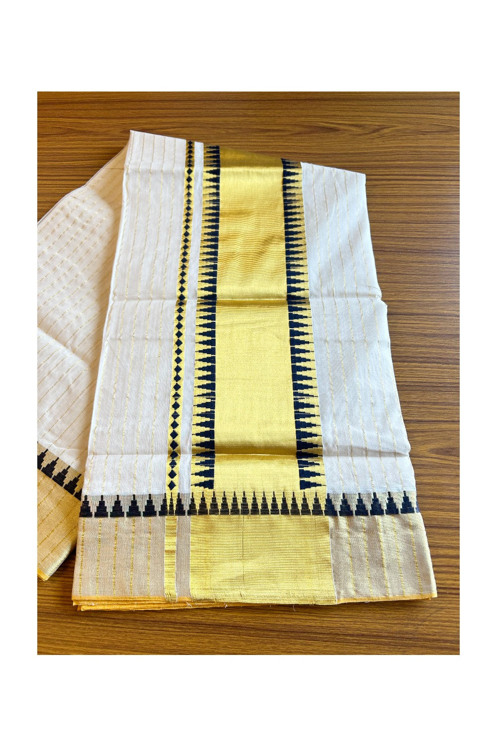 KaithariKada HANDLOOM UNAKKUPAAV Balaramapuram Kerala Saree for Women - 100% PURE  Cotton with Kasavu stripes & Navy blue Temple pattern design  - 6KK483KK