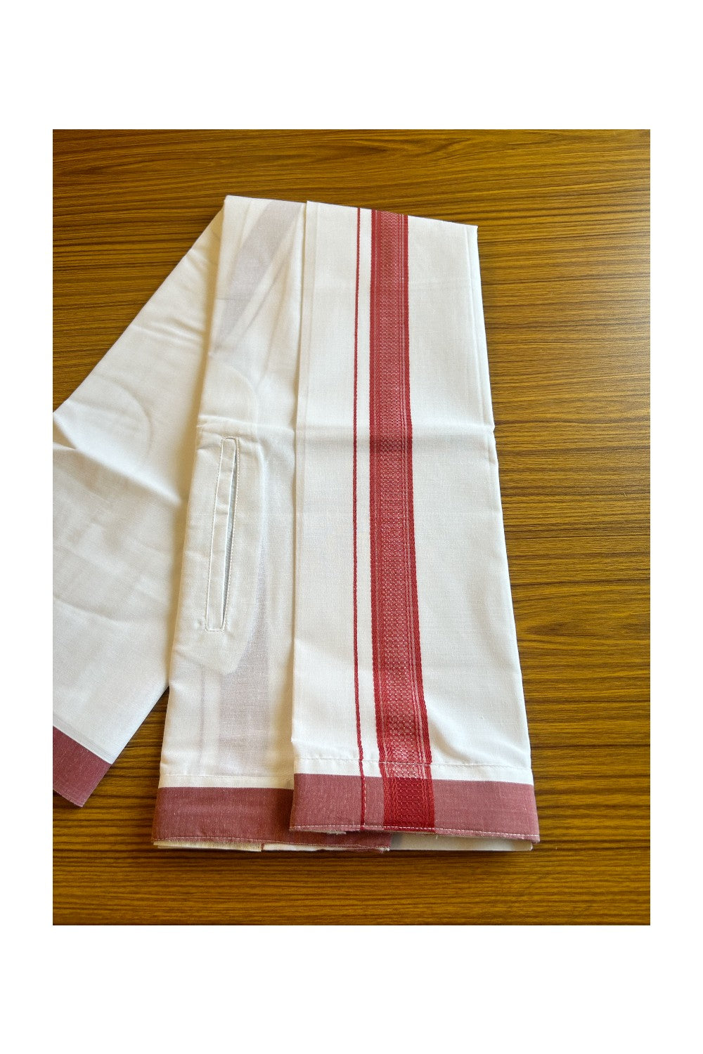 KaithariKada Balaramapuram  COTTON SINGLE PURE WHITE VELCRO Mundu/Dhoti - 1.75inch Brick Red kara (2 metre / 4 muzham) - 6KK485SRI