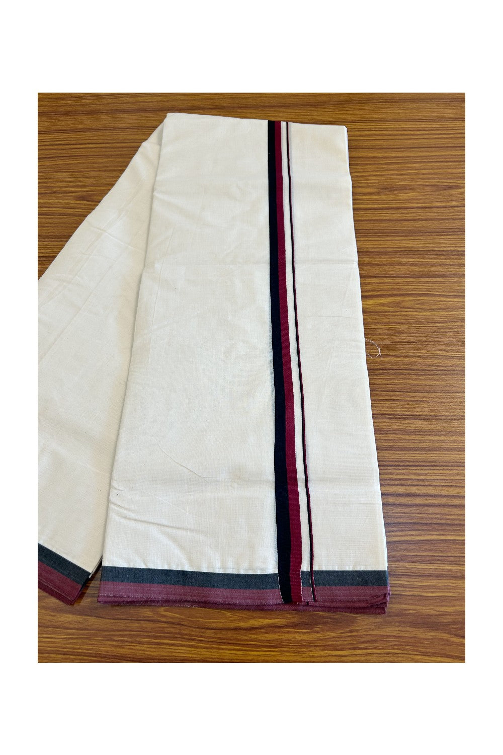 DMK Veshti - 22% DISCOUNT! KaithariKada 100% Cotton off white Double - (Unbleached) Mundu/Dhoti - 100X100 - 1 inch Black & Maroon shaded kara - 1KK489ASH