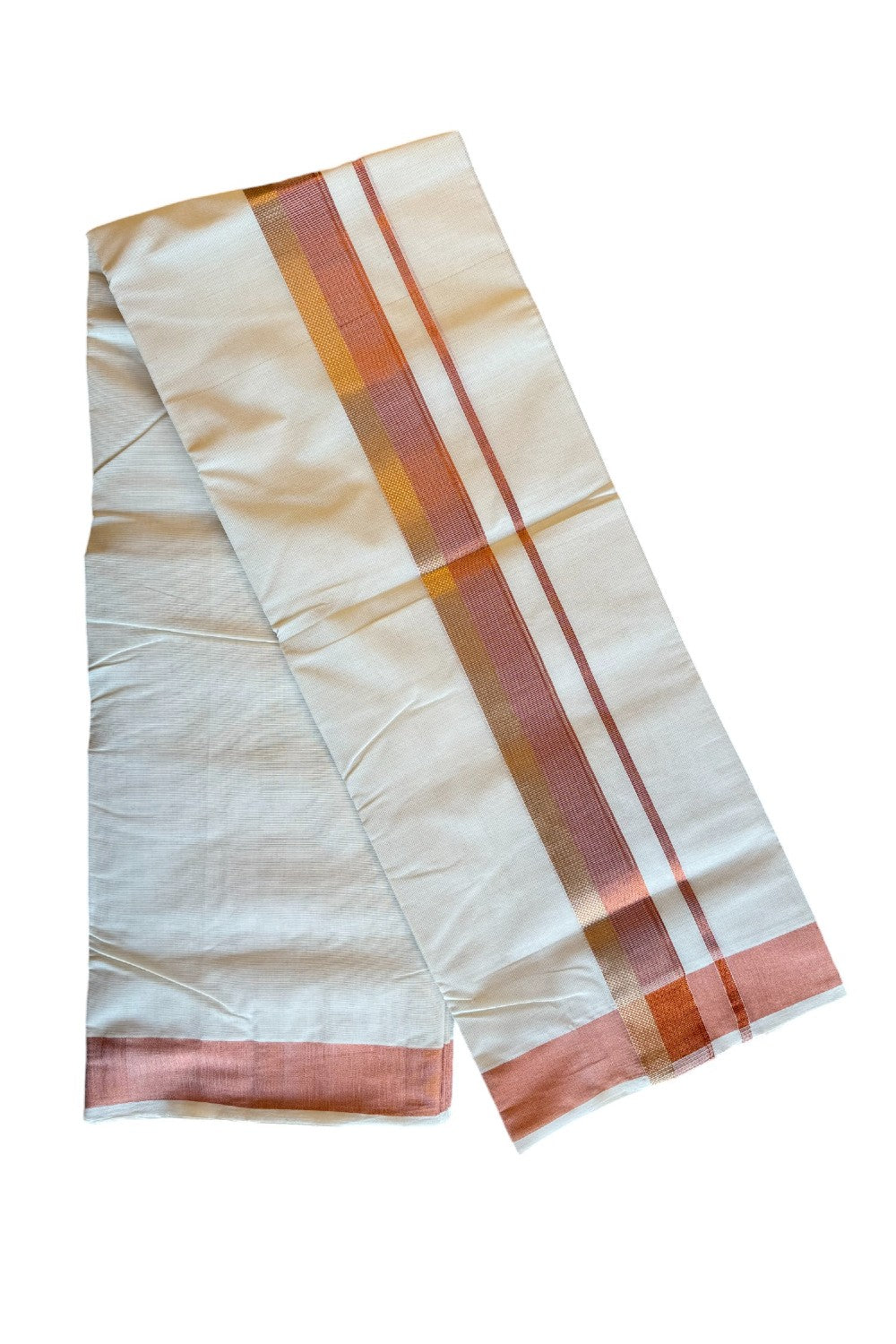 30% DISCOUNT!! KaithariKada HANDLOOM Millpaav Balaramapuram - 100% PURE Cotton OFF White - (Unbleached) Double Mundu/Dothi - 3.15 inch COPPER GOLD kasavu stripes kara - 6KK495RAM