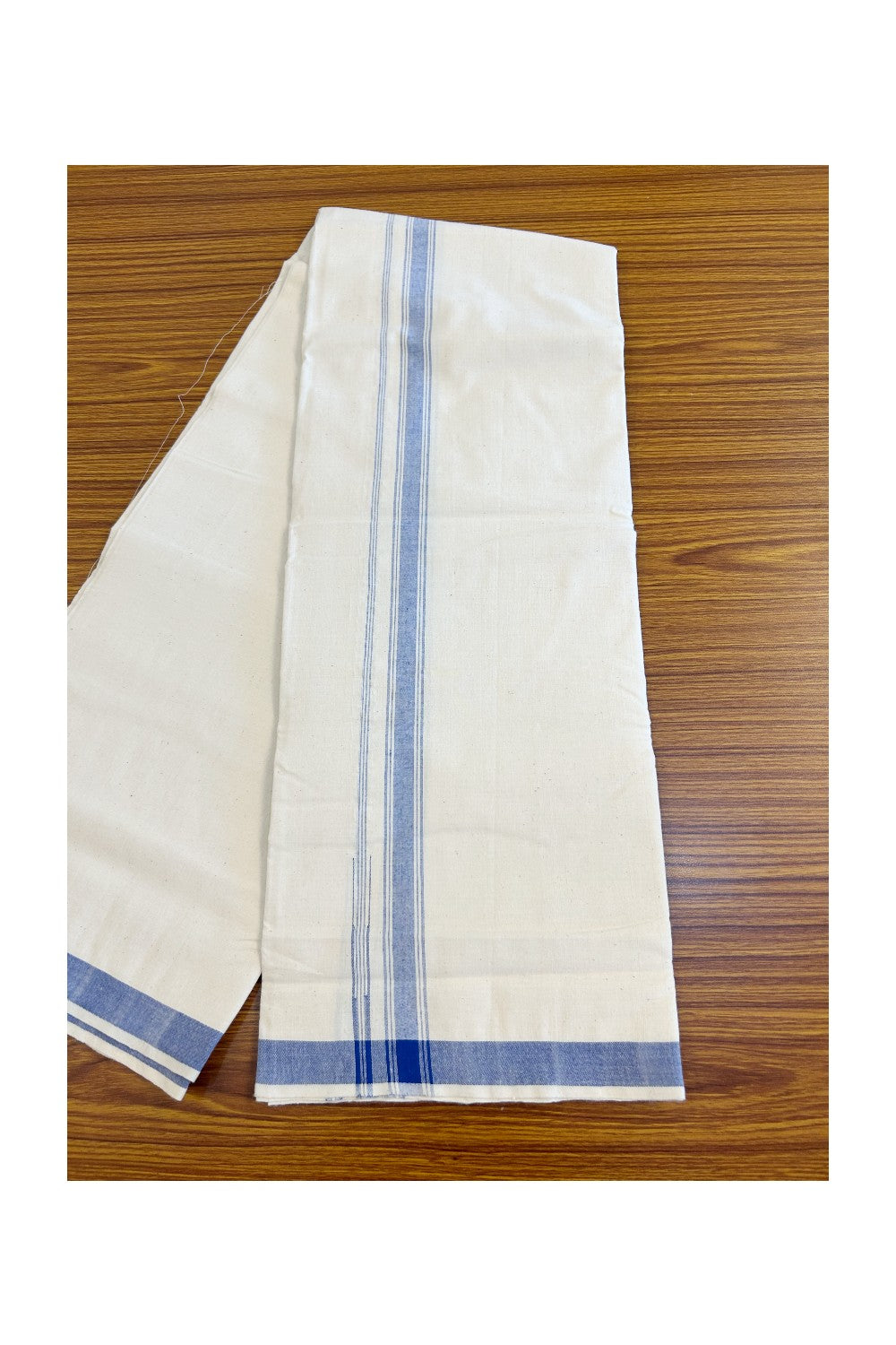 30% Discount KaithariKada 100% Cotton Balaramapuram HANDLOOM Single Mundu/Dhoti - Off White - (Unbleached) Puliyilakara Blue Striped Chutty Kara(2 meter / 4 muzham)  - 6KK499KK