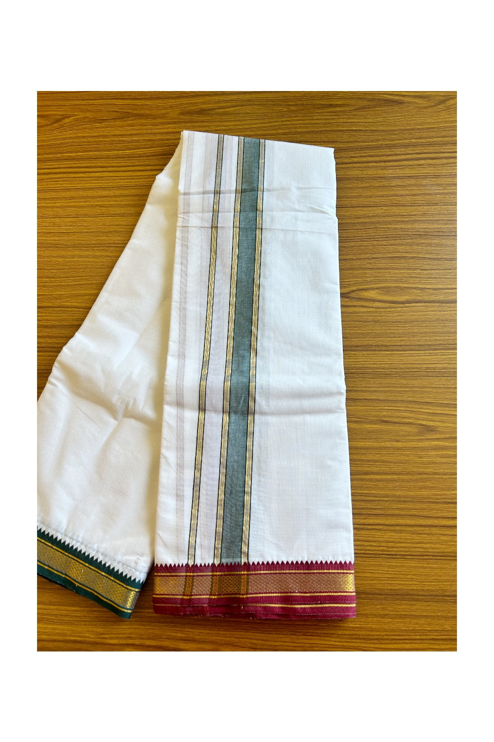 15% DISCOUNT! KaithariKada Cotton mix PURE White - 80x80 thread - 80% Cotton & 20% Polyester - NORTH INDIAN  - ATTACHED GAMCHA 10x6 Dhoti- Gold Kasavu Green & Maroon 2.65 inch kara - 6KK5008PMC