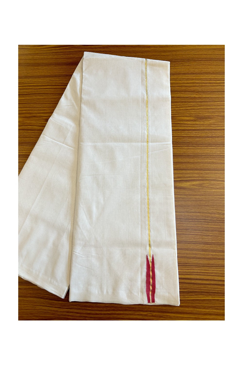 30% DISCOUNT!! KaithariKada HANDLOOM Unakkupaav Balaramapuram - 100% PURE Cotton OFF White Double - (Unbleached) Mundu/Dothi - Kasavu Pink Red puliyilakkara chutty- 6KK5029RAM