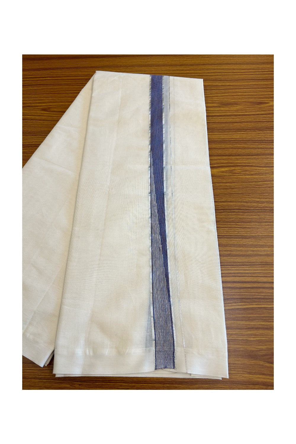 5% Discount!!! KaithariKada Balaramapuram  Double Off white - (Unbleached) Mundu/Dhoti - 80X90 - 1.75 inch Silver kasavu Violet Indigo heavy chutty - 6KK5037KAI