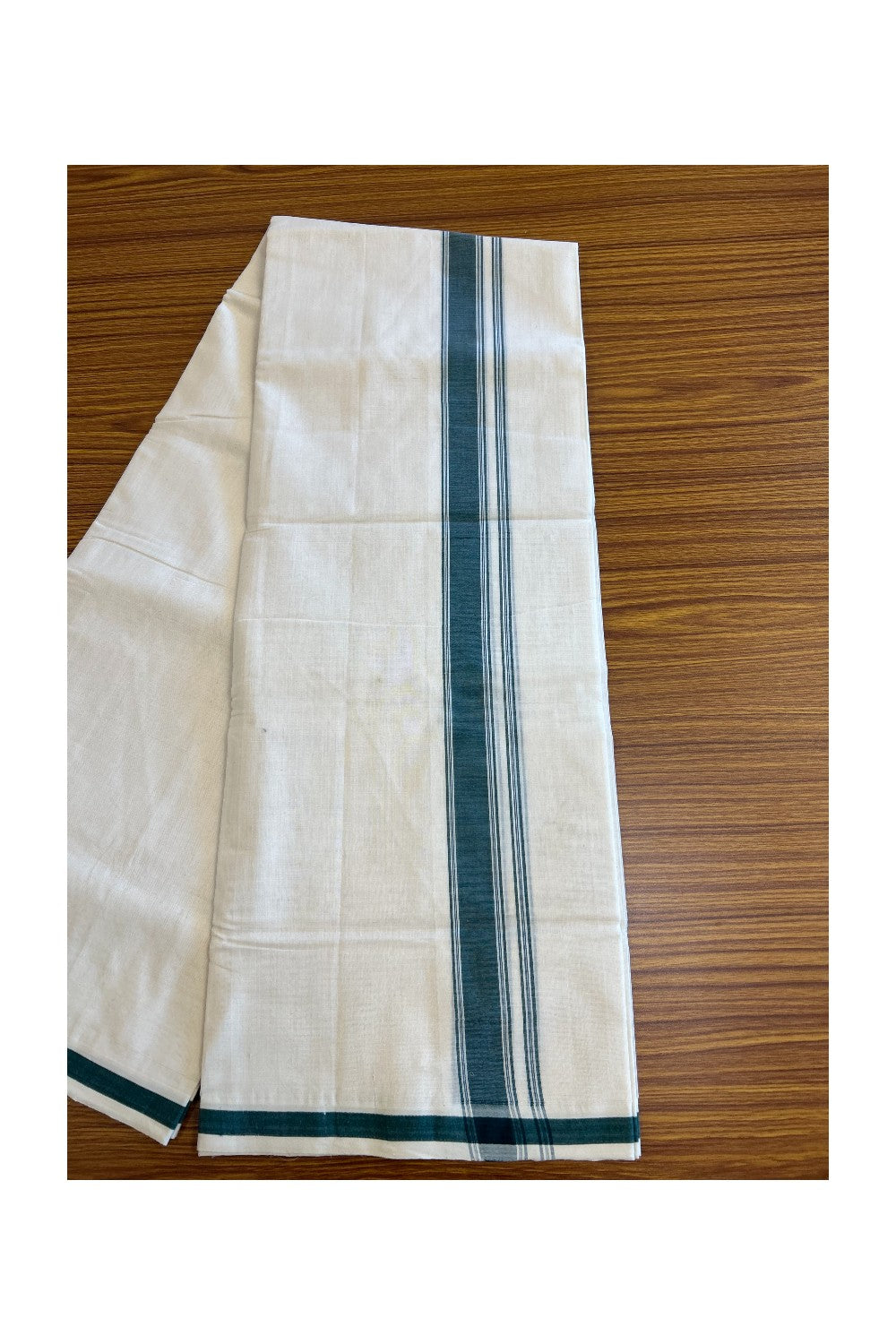 30% Discount KaithariKada HANDLOOM Unakkupaav Balaramapuram - 100% PURE Cotton off white (Unbleached) Double Mundu/Dhoti -1.75 inch Dark Green with stripes & Solid kara-166