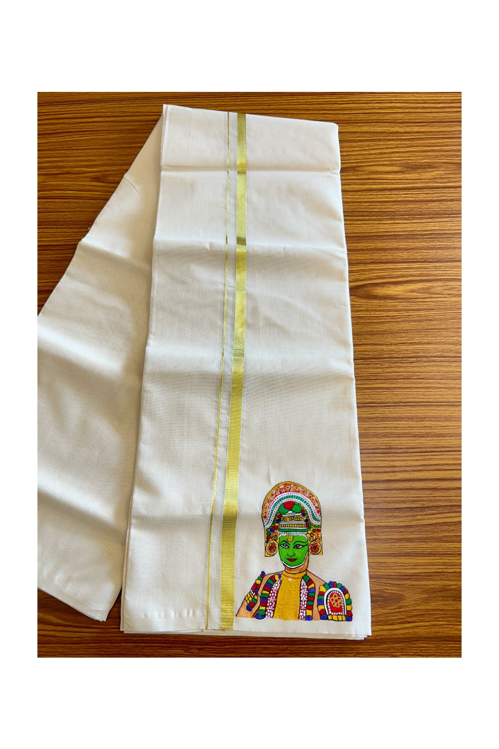 KaithariKada Balaramapuram 100% Cotton Double Off white - (Unbleached) Mundu/Dhoti-100x80 1 inch Kasavu & Hand Painted Chakyar Koothu Design Kara 3.70 meter- 6KK5046KK