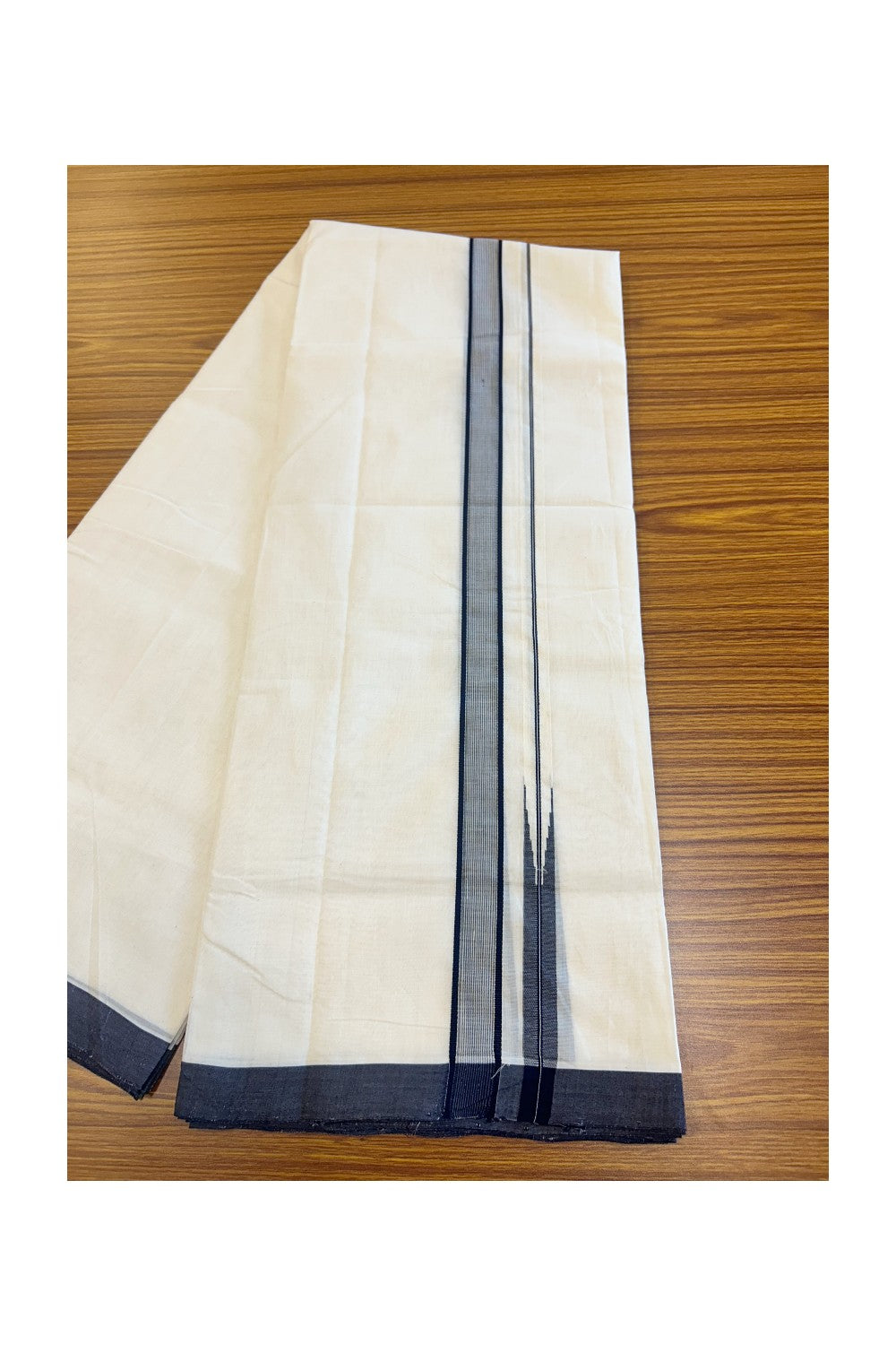 25% DISCOUNT!! KaithariKada HANDLOOM UNAKKUPAAV Balaramapuram - 100% PURE Cotton OFF White Double - (Unbleached) Mundu/Dothi - 1 inch Puliyilakkara Navy Blue Stripes chutty - 6KK5049REA