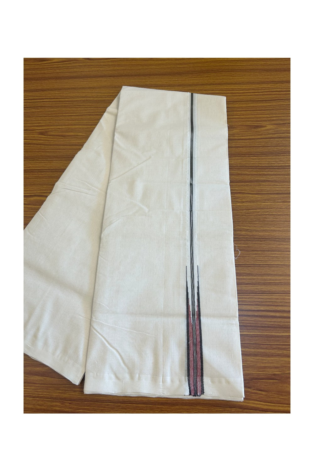 25% DISCOUNT! KaithariKada BALARAMAPURAM HANDLOOM Unakkupaav- 100% PURE Cotton 100x100 Double Mundu/Dhoti OFF WHITE -(Unbleached) - PULIYILAKKARA Silver Kasavu & Black+Brick Red 2.cm Chutty KARA- 6KK506RAM