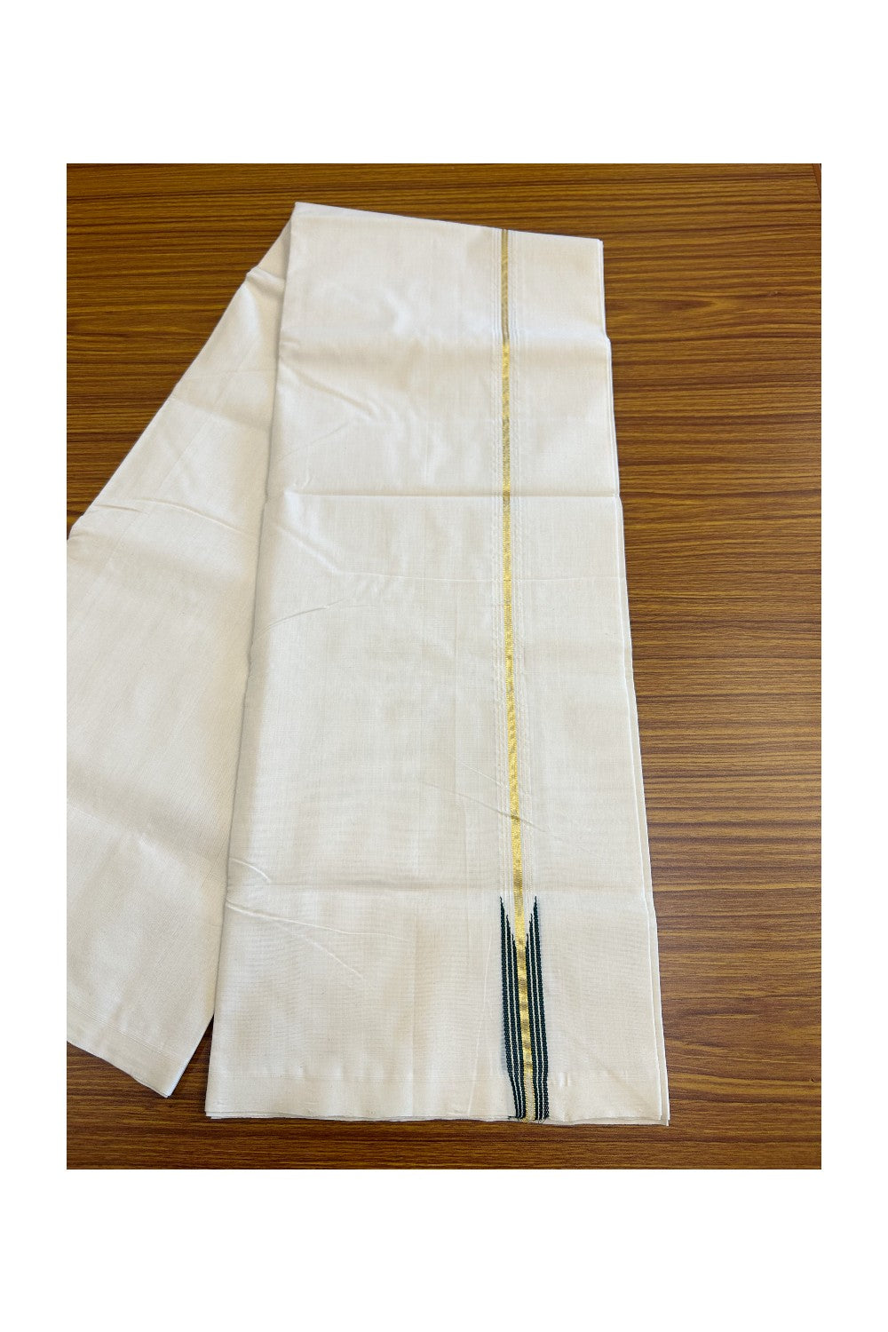 30% DISCOUNT!! KaithariKada HANDLOOM Unakkupaav Balaramapuram - 100% PURE Cotton OFF White (Unbleached) Double Mundu/Dothi - Kasavu gold striped dark green puliyilakkara Chutty - 6KK114ASH