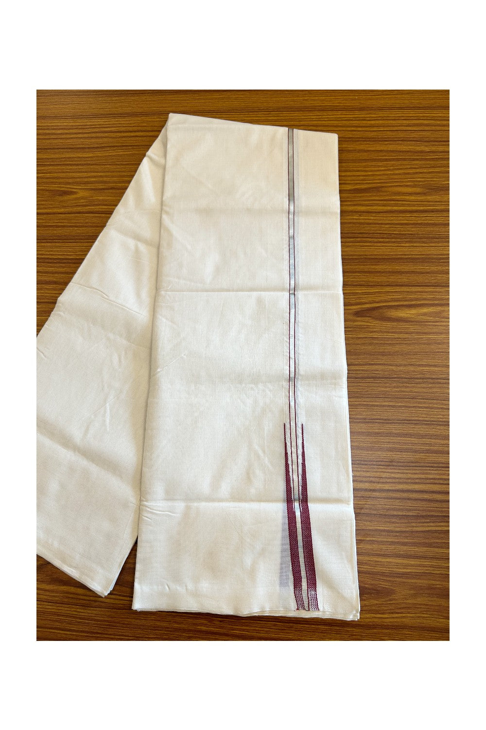 30% DISCOUNT!! KaithariKada HANDLOOM Unakkupaavu Balaramapuram - 100% PURE Cotton OFF White (Unbleached) Double Mundu/Dothi - Silver Kasavu & Maroon puliyilakkara chutty-10KK403RAM